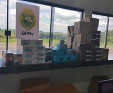 Celulares, caixas de som e cigarros contrabandeados são apreendidos pelo BPRv em Francisco Alves (PR)