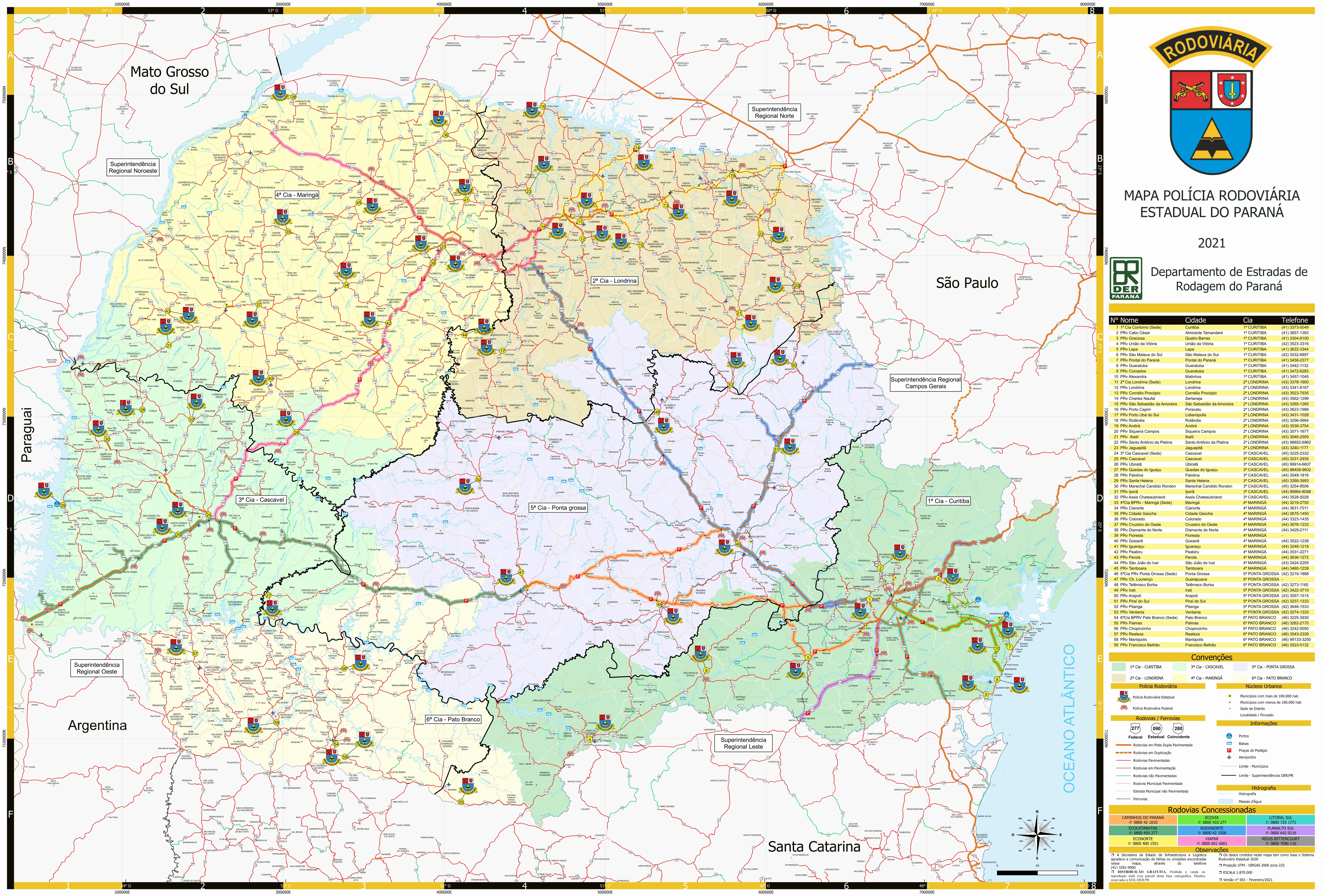 Mapa Geral - Batalhão de Polícia Rodoviária - Paraná - 2021 - Área de atuação. 