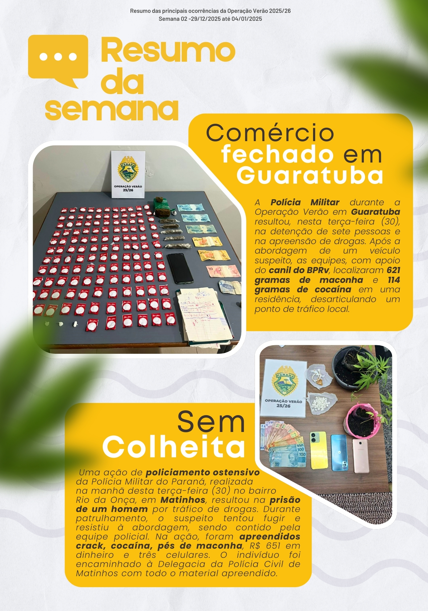 Ao longo de toda a operação, o informativo seguirá com divulgação semanal, destacando o trabalho técnico, humano e profissional dos homens e mulheres da PMPR