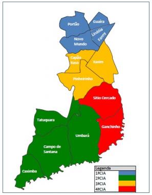 Secção do mapa da cidade de Curitiba, com os 14 bairros de atuação do 13º Batalhão. Os bairros estão dividos por Companhias e com cores diferentes. No canto inferior esquerdo uma quadro com as legendas das cores de cada companhia.