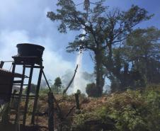 Em ação conjunta, helicóptero da PM e equipes do Corpo de Bombeiros combatem incêndio em Guaratuba (PR)