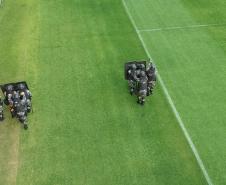 Companhia de Choque faz treinamento no estádio Couto Pereira, em Curitiba