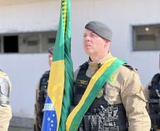  O ato marcou a entrega do comando do tenente-coronel Luiz Alexandre Murbach Soares ao major Paulo Fernando Pires Ribeiro
