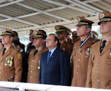 São Jose dos Pinhais, 20 de Maio de 2019. Solenidade alusiva ao Patrono da PMPR. Foto do palanque das autoridades: Cel Morais, Subcomandante-Geral da PMPR, Cel. Ronaldo de Abreu, Comadante da APMG, General Carbonell, Secretário de Segurança, Cel. Pericles, Comadante-Geral da PMPR e Cel. Prestes, Comandante do Corpo de Bombeiros.