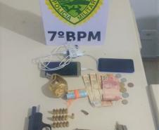 Militares estaduais do 7º BPM apreendem drogas e arma de fogo, recuperam veículo e encaminham sete pessoas, em situações distintas no Noroeste do estado