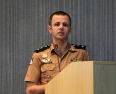 Foz do Iguaçu, 25 de julho de 2019. Simpósio de Operações Policiais Militares de Fronteira. Foto: palestra do Cap. QOPM Marco Vinícios de Moraes Sarmento, da Seção de Operações do Estado-Maior da PMPR.