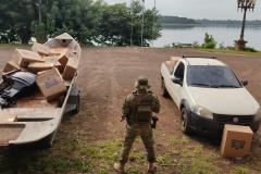 Barco com 2 mil pacotes de cigarros é apreendido pelas equipes da Operação Hórus em porto clandestino de Entre Rios do Oeste-PR