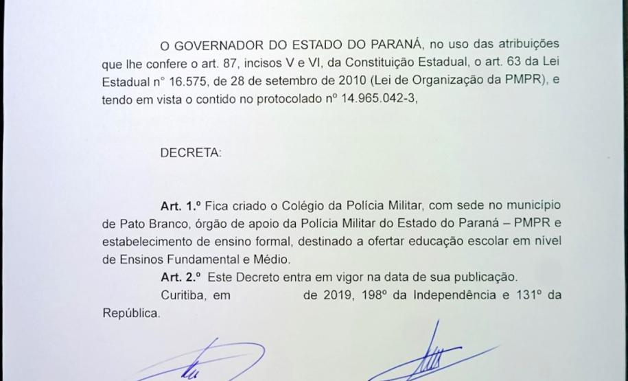 Governo autoriza instalação do Colégio da PM em Pato Branco
