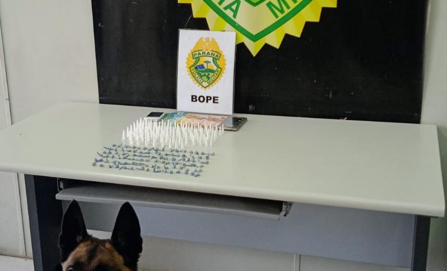 Trio é encaminhado e porções de drogas apreendidas graças a aplicação de cão de faro da PM em Curitiba
