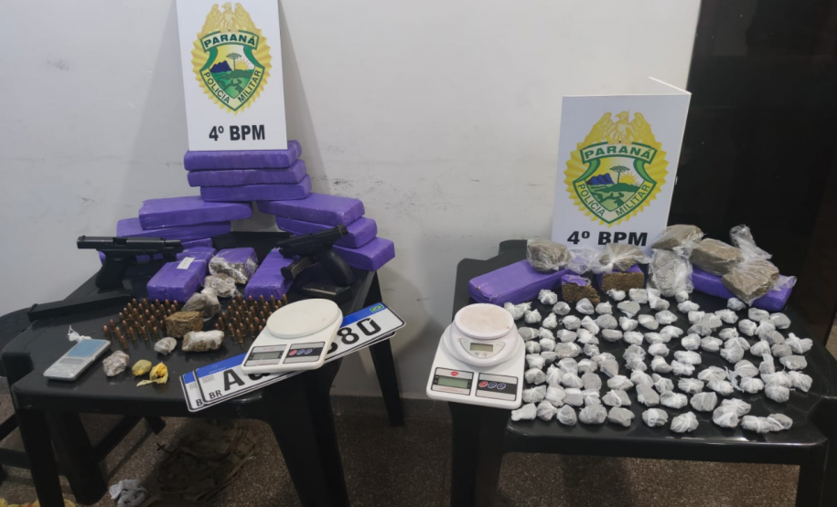 No Noroeste do estado, PM encaminha três pessoas e apreende 7,8 quilos de maconha e duas pistolas