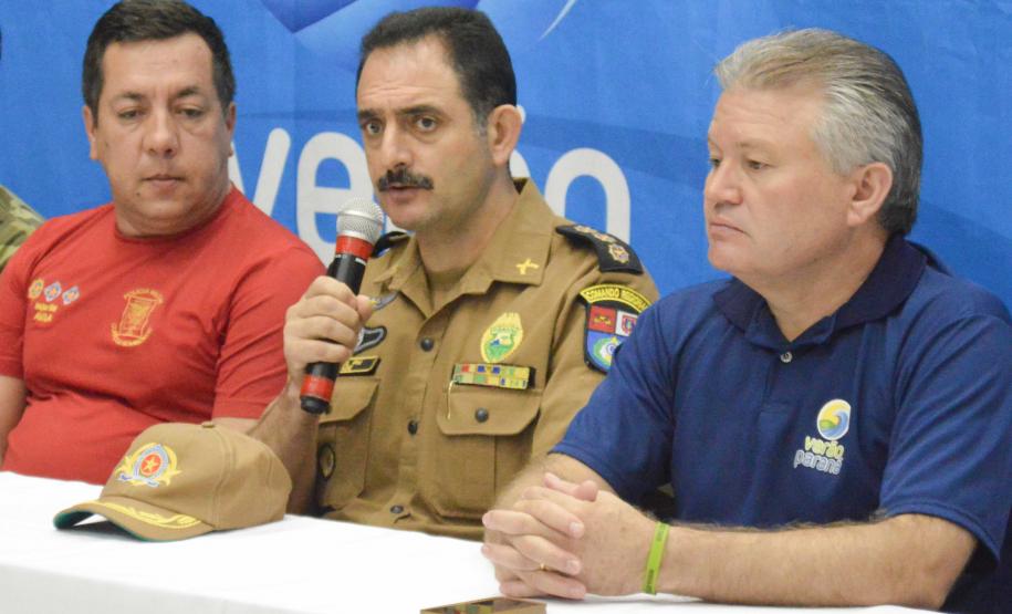 05 02 18 MatinhosDa equerda para direitaMajor Edson Oliveira Avila Subcomandante do 8ºGBCel. QOPM Chehade Elias Geha Comandante do 6º CRPMCel. QOPM Élio de Oliveira Manoel Secretário Chefe da Casa Militar e Coordenador Geral do Verão Paraná