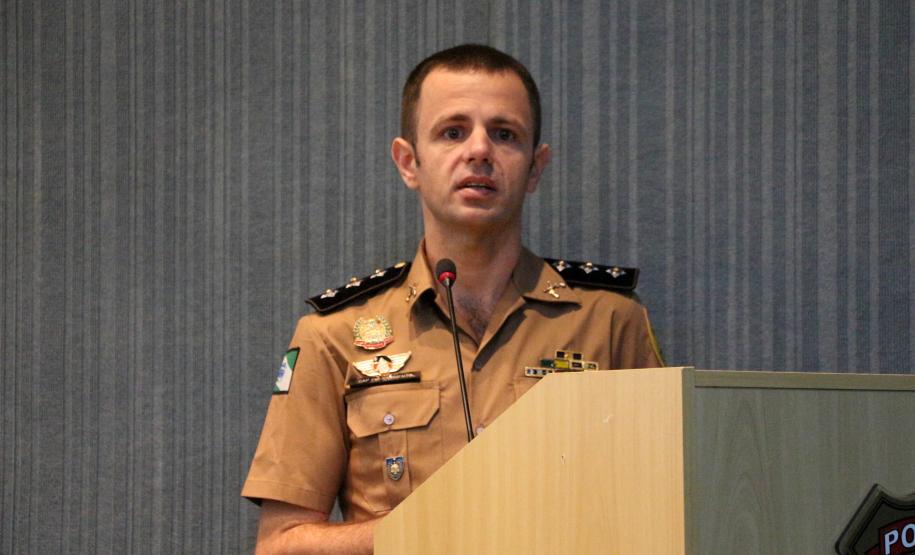 Foz do Iguaçu, 25 de julho de 2019. Simpósio de Operações Policiais Militares de Fronteira. Foto: palestra do Cap. QOPM Marco Vinícios de Moraes Sarmento, da Seção de Operações do Estado-Maior da PMPR.
